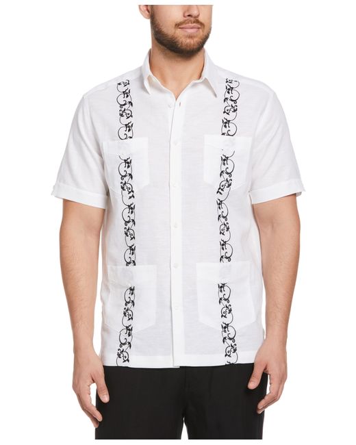 Cubavera Linen Blend Contrast Embroidery Guayabera Shirt in White for