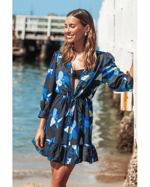 CUPSHE Kaitlynn Tropical Floral Drawstring Cover-up Dress in Blue | Lyst UK