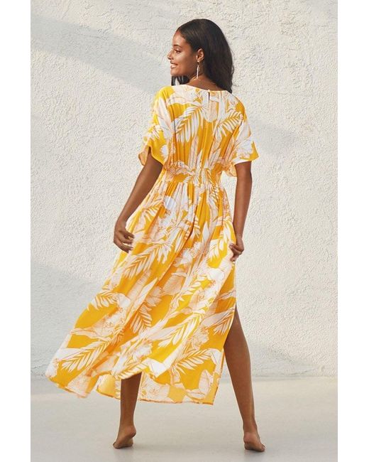 yellow floral v neck dress