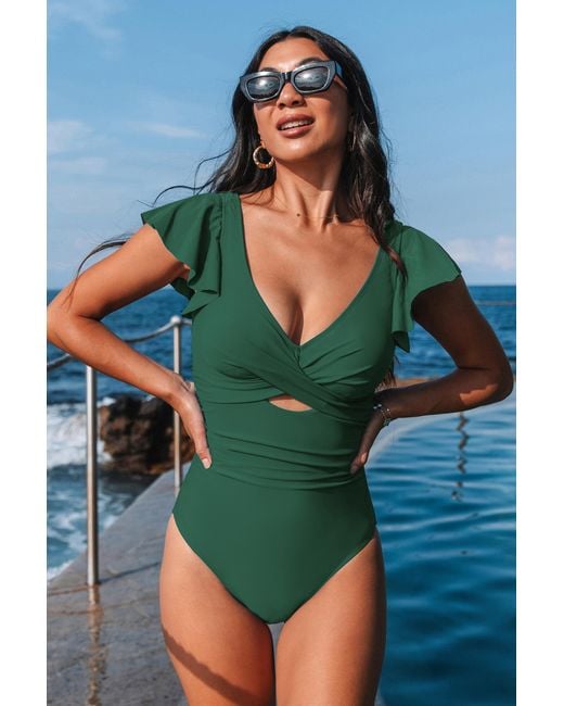 CUPSHE Emerald Flutter Sleeve Tummy Control-Eendelig in het Blue