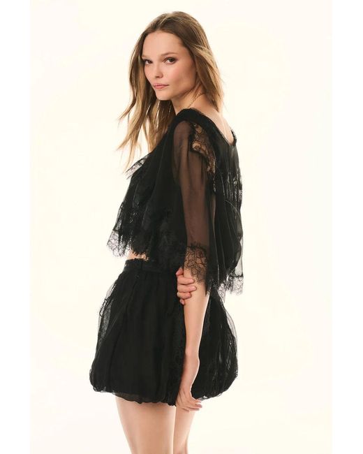 LoveShackFancy Black Thessisa Silk Lace Cropped Shawl Blouse For