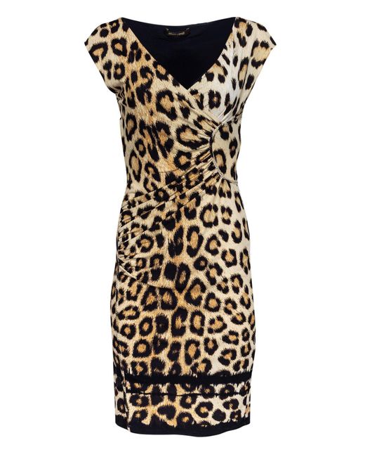 Roberto Cavalli Leather Leopard Print Fitted Dress - Lyst