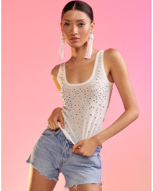 Cynthia Rowley Synthetic Crystal Embellished Mesh Tank Top in White | Lyst