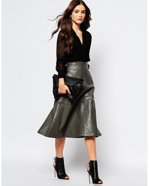 Mango Gray A Line Midi Faux Leather Skirt
