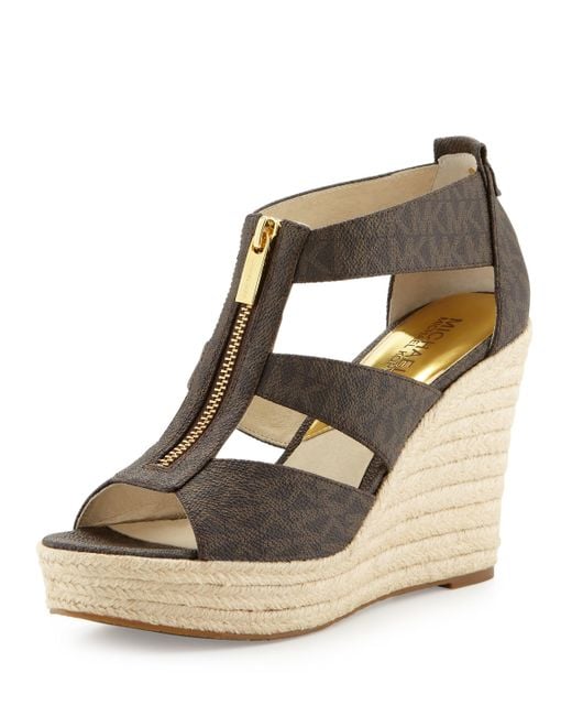 Michael michael kors Damita Logo Zipper Wedge Sandals in Brown Lyst
