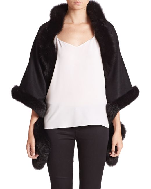 Sofia cashmere Oblong Fox Fur-trimmed Cashmere Wrap in Black | Lyst