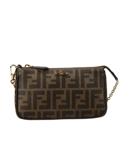 Fendi Brown Clutch Bag Mini Zucca Pu Crossbody With Contrast