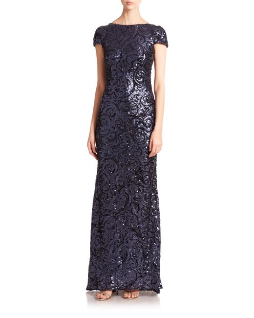 Badgley mischka Sequined Cowl-back Gown in Blue (NAVY) | Lyst