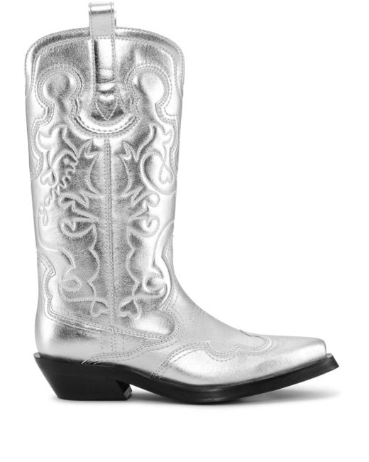 Ganni Gray Western Midi Shaft Metallic Boots Silver In Patent Leather