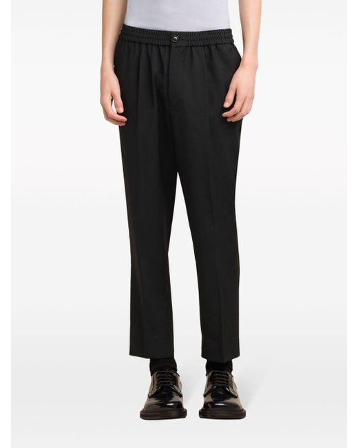 AMI Black Cropped Virgin Wool Tapered Trousers for men