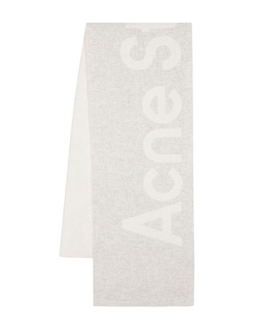 Acne Jacquard Logo Small Scarf White And Grey In Wool