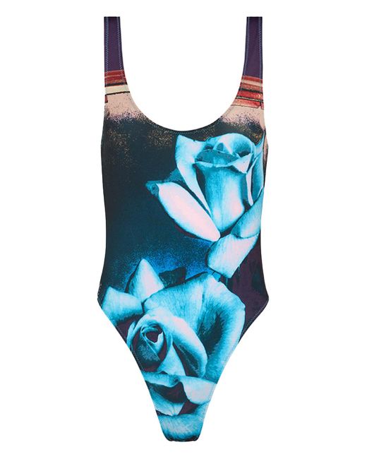Jean Paul Gaultier Blue Roses Swimsuit Blu In Polyester