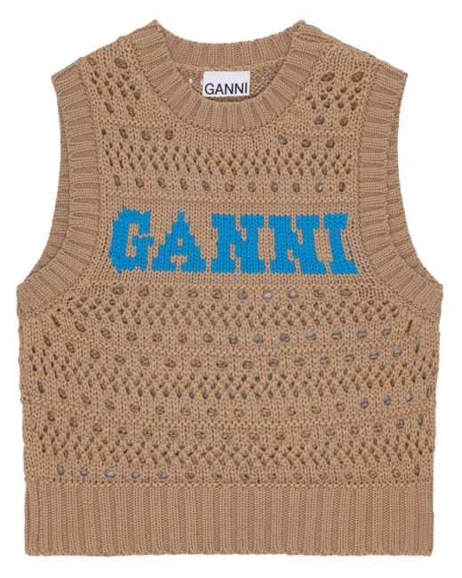 Ganni Natural Short Vest Beige In Cotton