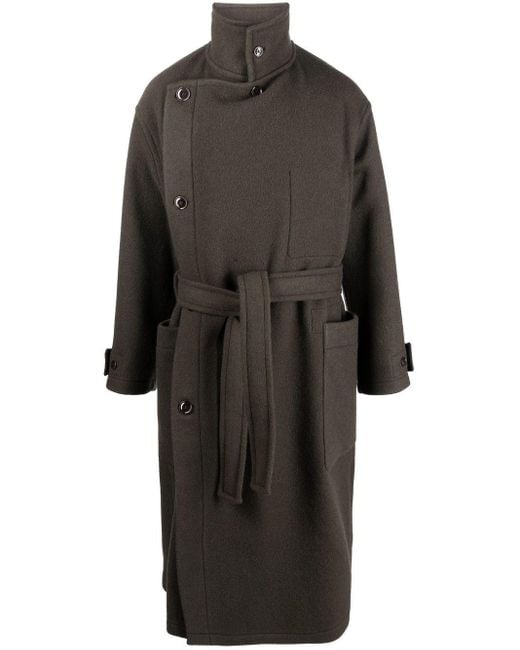 Lemaire Black Belted Wool Wrap Coat for men