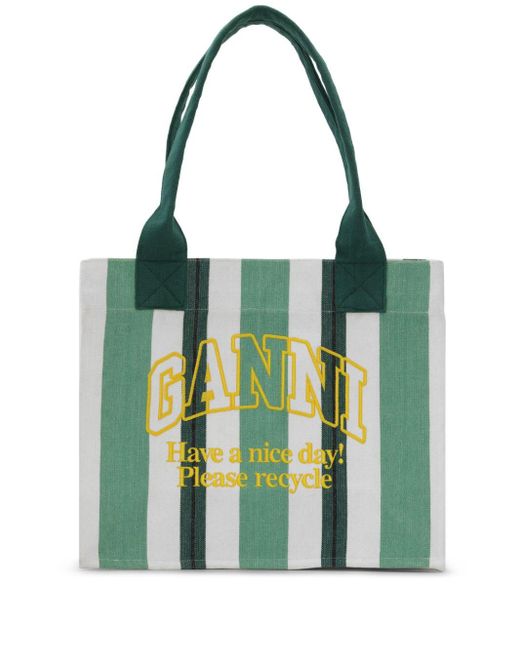 Ganni Green Organic Cotton Striped Tote Bag