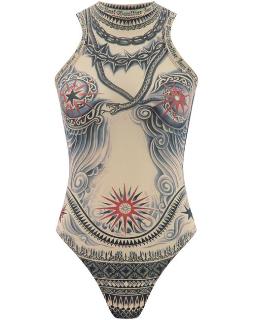 Jean Paul Gaultier Gray Sun Tattoo Bodysuit Nude In Nylon