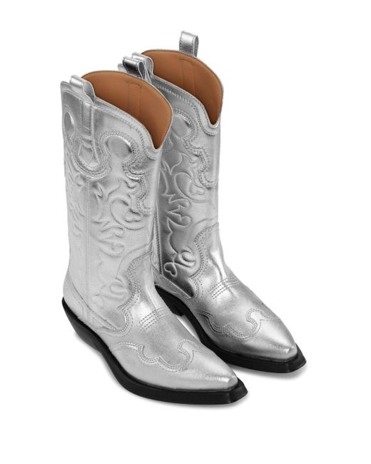 Ganni Gray Western Midi Shaft Metallic Boots Silver In Patent Leather