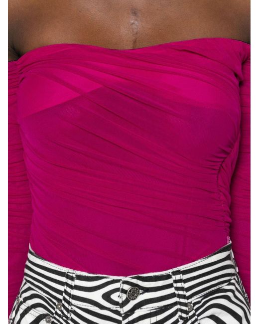 Mugler Pink Off-shoulder Ruched Bodysuit
