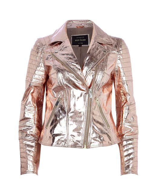 River Island Rose Gold Metallic Leather Biker Jacket in Pink | Lyst UK