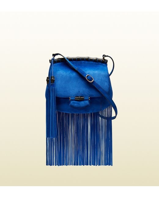 Gucci Blue Nouveau Fringe Suede Shoulder Bag