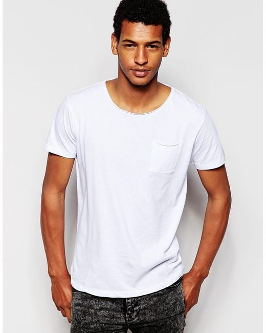 SELECTED White Scoop Neck T-shirt With Pocket for men