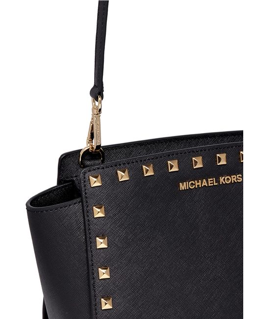 Michael Kors Selma Studded Saffiano Leather Crossbody Hand Bag Taupe Gray