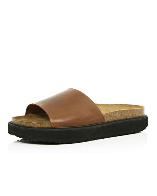 River Island Brown Leather Chunky Slide Sandals for men
