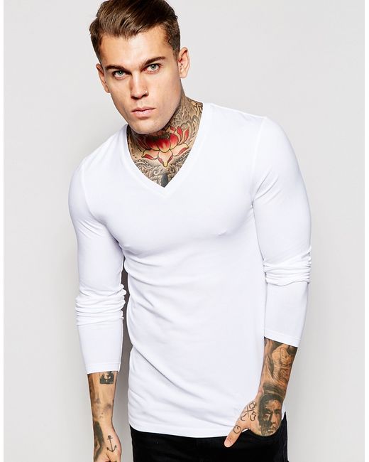 Asos Extreme Muscle Long Sleeve T-shirt With V Neck In White - White in ...