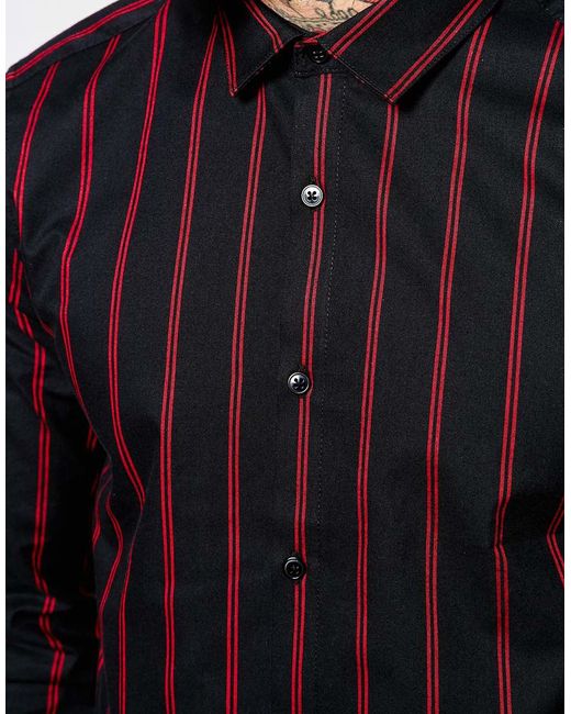 ASOS Shirt In Longline With Black And Red Stripe for men