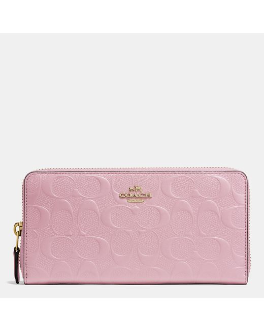 COACH Pink Accordion Zip Wallet In Signature Embossed Leather