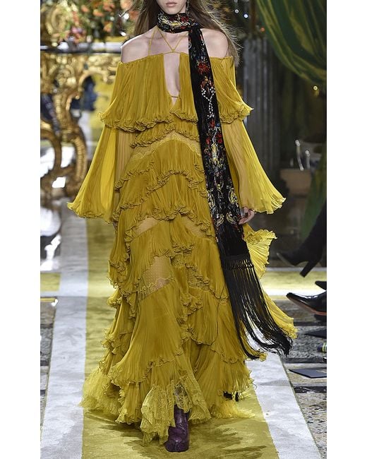 Roberto Cavalli Yellow Tiered Off-the-shoulder Gown