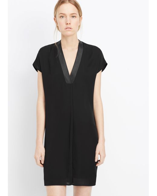 Vince Black Silk Popover Dress With Leather Trim