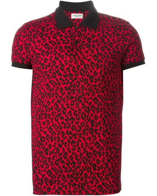 Saint Laurent Red Leopard-Print Cotton Polo Shirt for men