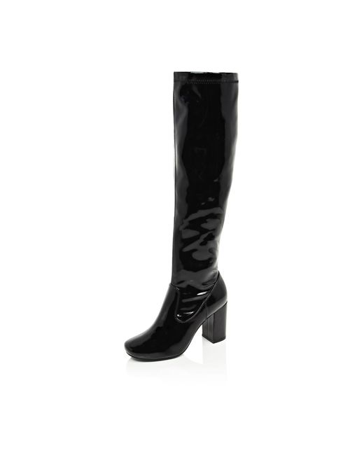 River Island Black Patent Knee High Heeled Boots In Black Lyst 2914