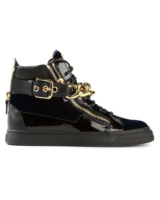 Giuseppe Zanotti Black Gold Chain Strap Hitop Sneakers for men