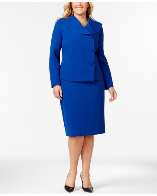 Tahari Blue Plus Size Asymmetrical-three-button Jacket Skirt Suit