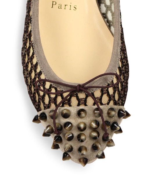 Christian louboutin Mix Spiked Suede \u0026amp; Knotted Mesh Flats in Beige ...