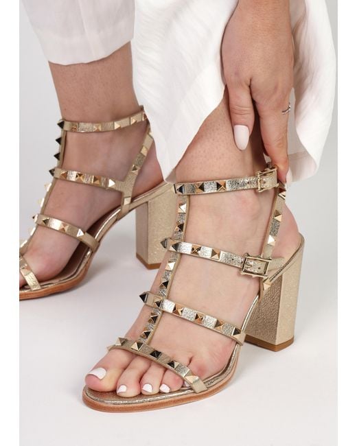 Daniel Natural Pitter Gold Leather Studded Block Heeled Sandals