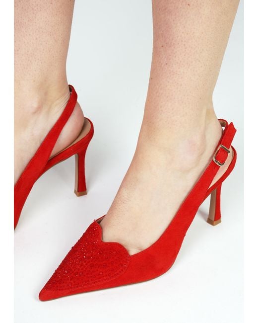 Daniel Elove Red Suede Crystal Heart Toe Cap Heeled Sling Backs