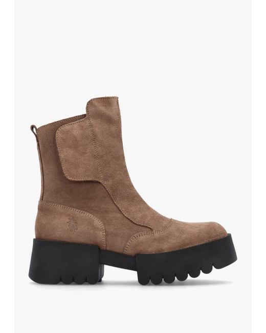 Fly London Brown Egli Taupe Suede Block Heel Chunky Ankle Boots