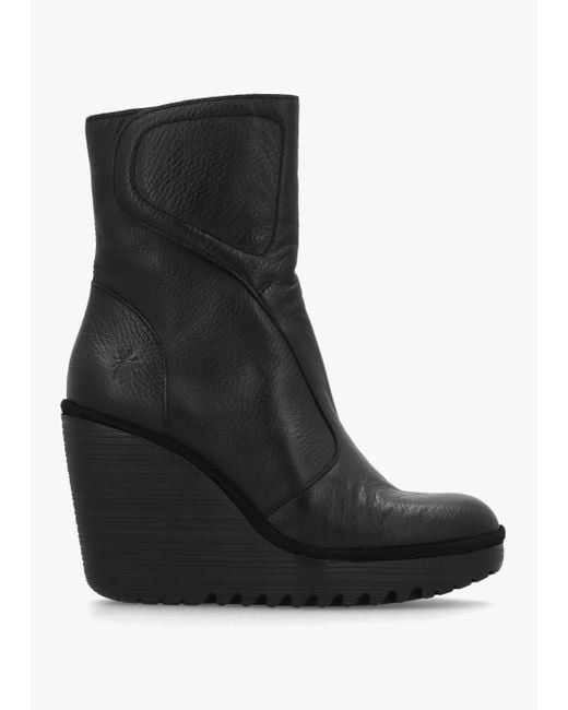 Fly London Dally Black Full Grain Leather High Wedge Ankle Boots