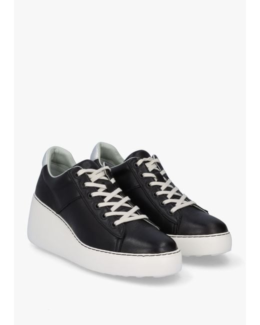 Fly London Delf Black Silver Leather Wedge Trainers