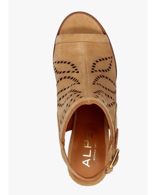 Alpe Natural Arona Tan Suede Laser Cut Block Heel Sandals