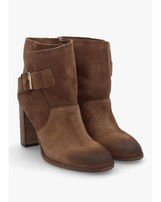 Daniel Brown Giddy Taupe Suede Buckle Block Heeled Ankle Boots