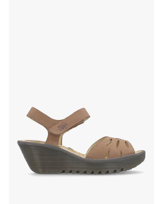 Fly London Multicolor Yazi Taupe Leather Wedge Sandals