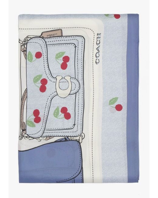 COACH Blue Tabby Cherry Denim Silk Scarf