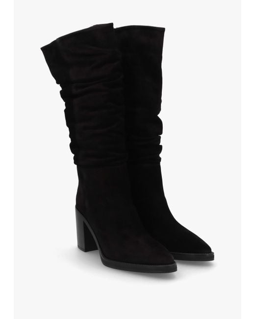 Alpe Astrid Black Suede Rouched Block Heel Knee Boots
