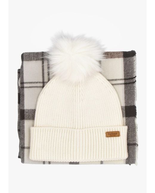 Barbour Natural Dover Monochrome Tartan Beanie & Hailes Scarf Gift Set