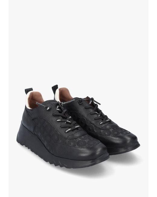 Wonders Eleven Black Leather Wedge Trainers