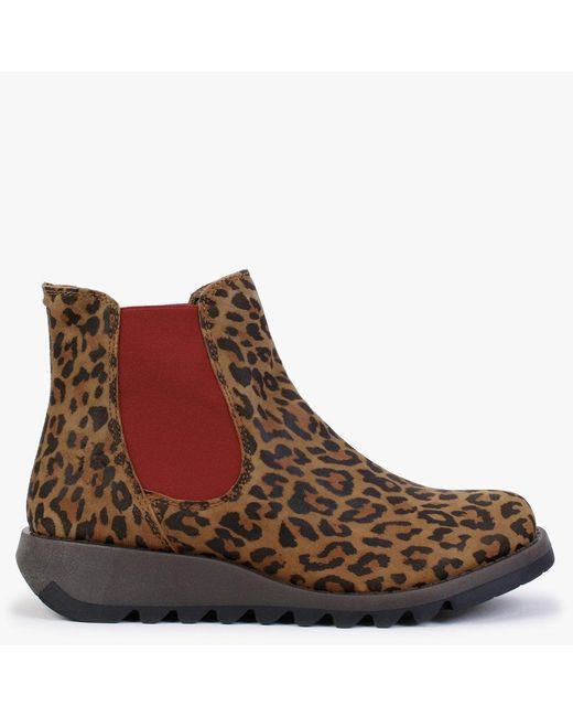 Fly London Brown Salv Cheetah Leather Wedge Chelsea Boots
